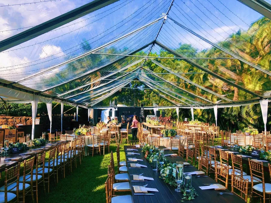 Carpa transparente con mesas largas montadas y palmeras alrededor
